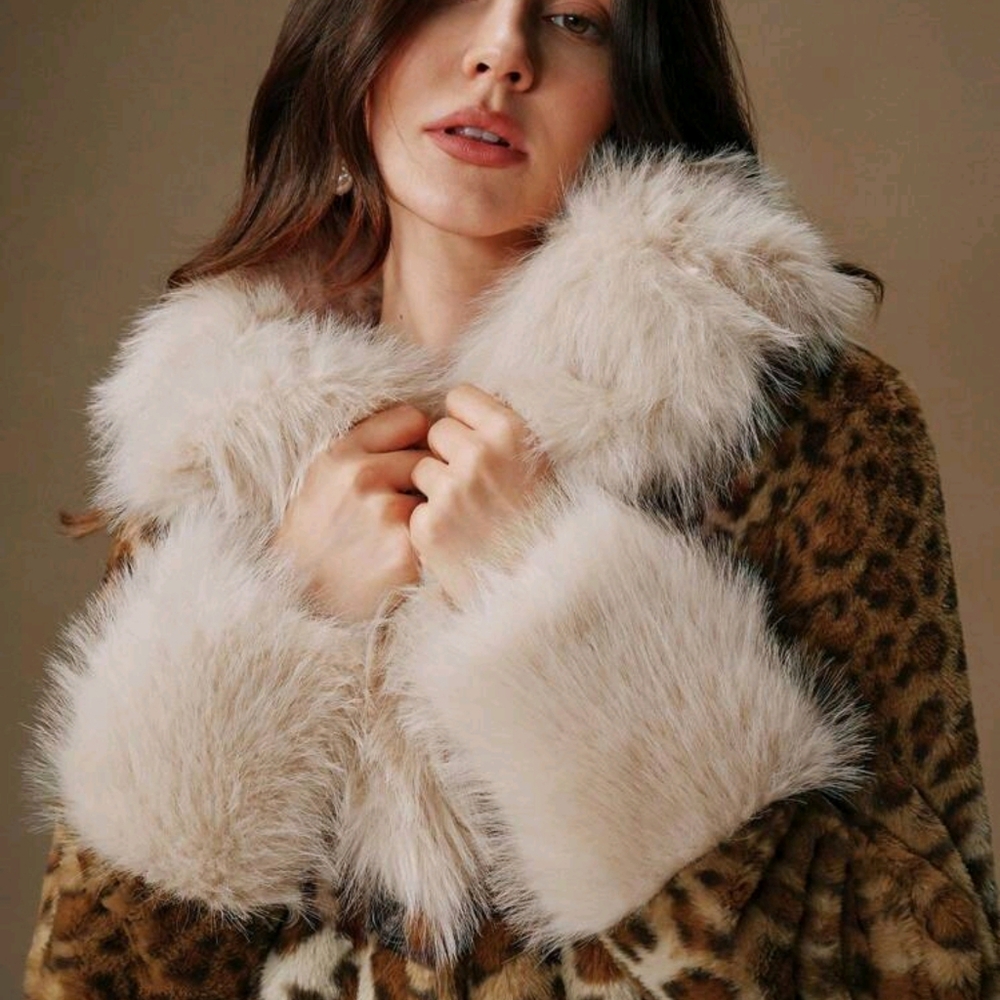 Faux Fur Leopard Print Fluffy Trim A-Line Waist Long Women's Coat - Picture 2 of 9